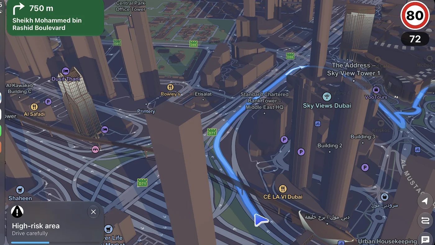 Guardian AI on CarPlay: 3D Downtown Dubai with a turn card for Sheikh Mohammed bin Rashid Boulevard