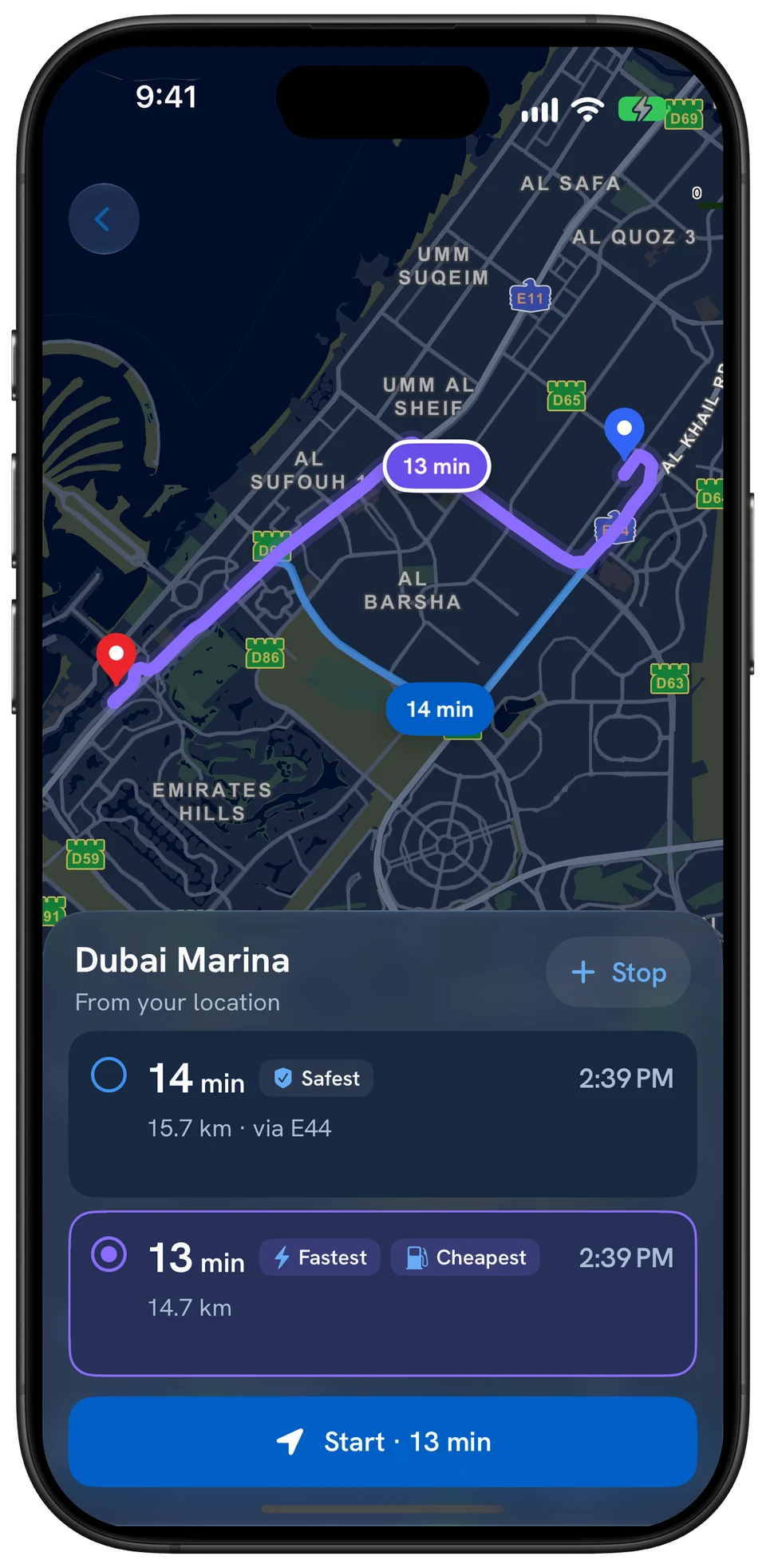 Route options to Dubai Marina on a map: 14 min Safest via E44, or 13 min Fastest and Cheapest