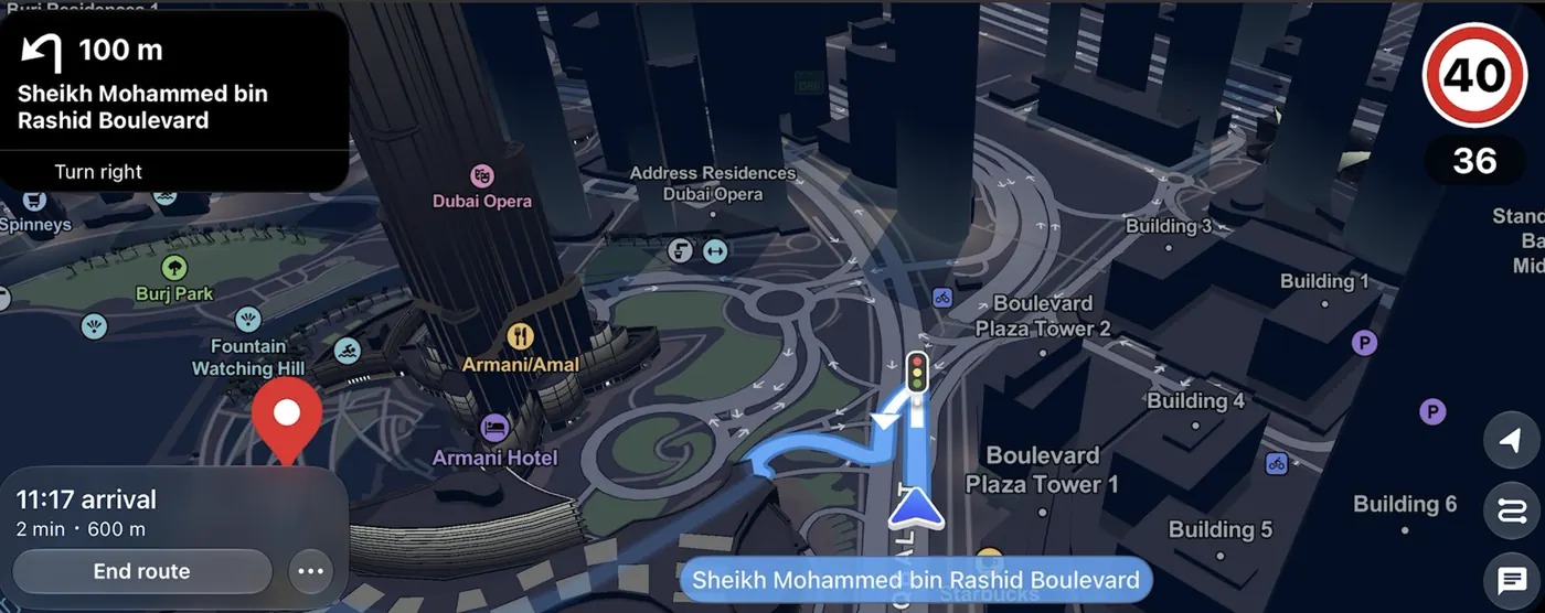 CarPlay approach to Burj Khalifa in a 40 km/h zone