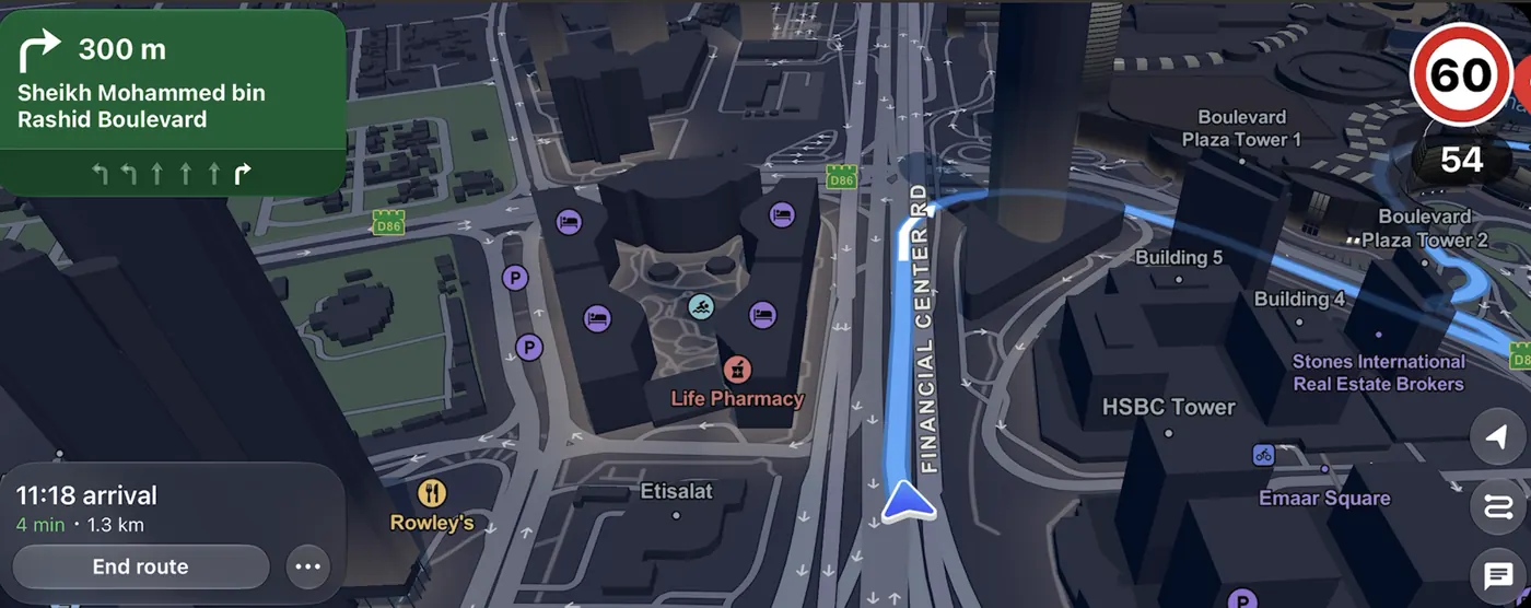 CarPlay turn guidance onto Sheikh Mohammed bin Rashid Boulevard, 60 km/h limit