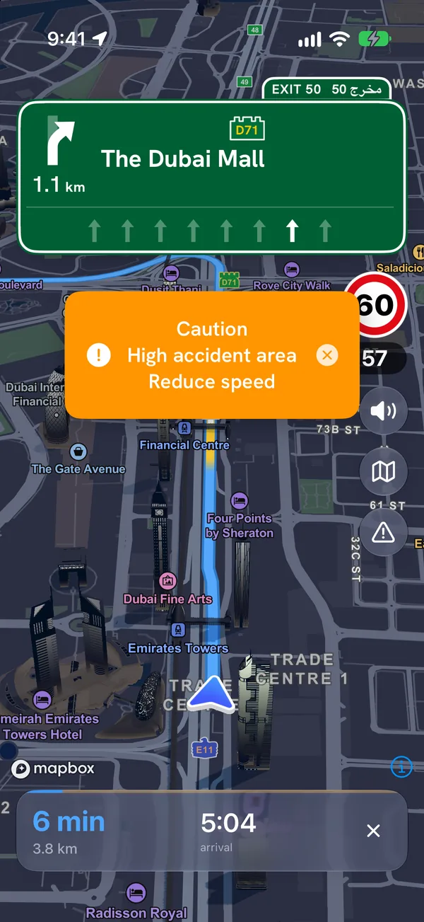 Navigation warning: caution, high accident area, reduce speed, under a 60 km/h limit