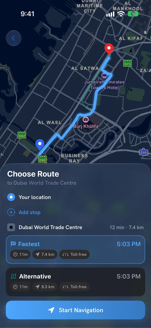 Choose Route screen to Dubai World Trade Centre, with route options marked toll-free