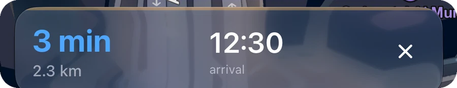 Navigation bar: 3 min, 2.3 km, arrival 12:30