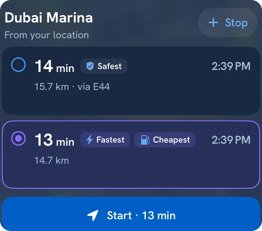 Route choice to Dubai Marina: 14 min Safest or 13 min Fastest and Cheapest, with a Start button